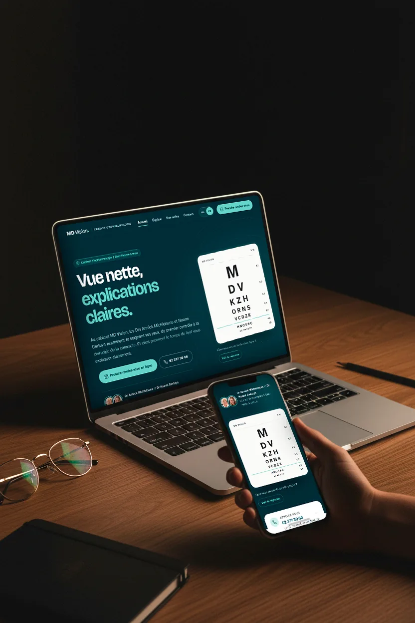 Site MD Vision affiché sur un ordinateur portable et un smartphone