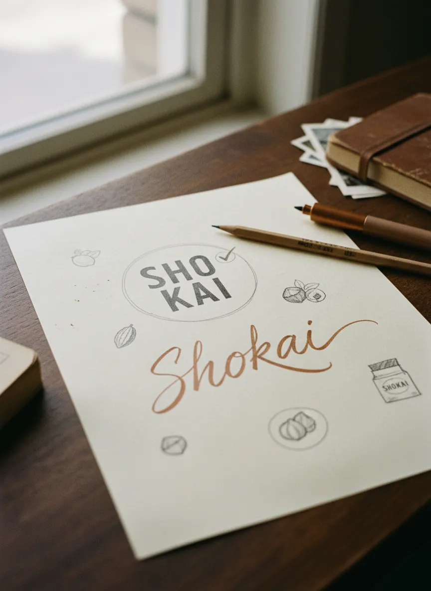 Premières pistes de logo Shokai dessinées au crayon