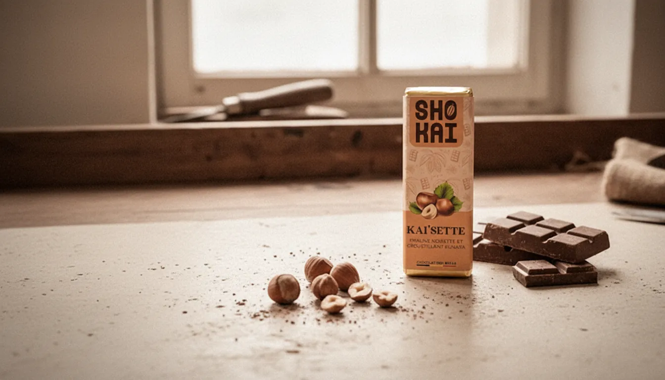 Étui Shokai imprimé posé à côté de tablettes de chocolat