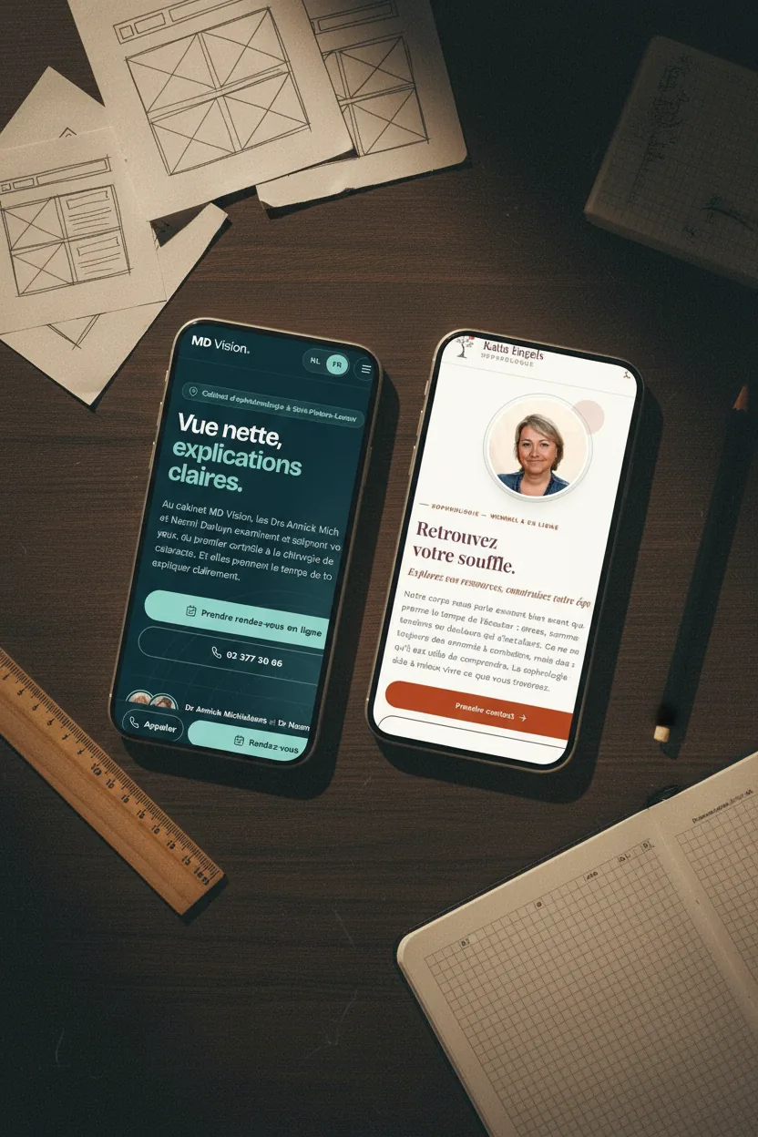 Sites MD Vision et Katia Engels affichés sur deux smartphones